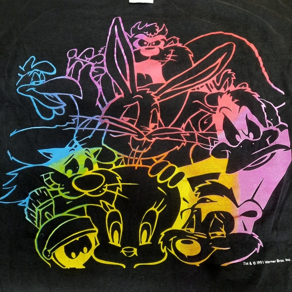 Loony Tunes Adult Size XL 1991 Graphic Tees Cartoons 90s Neon Vintage - Picture 2 of 11